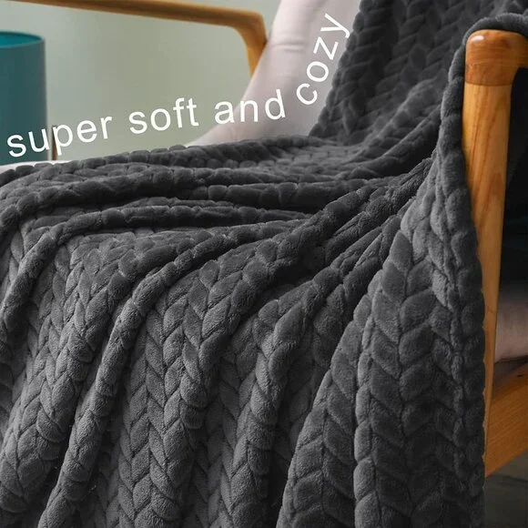 Dark Grey Knit Jacquard Weave Pattern Decorative Warm Flannel Couch Cozy Blanket - Picture 5 of 16